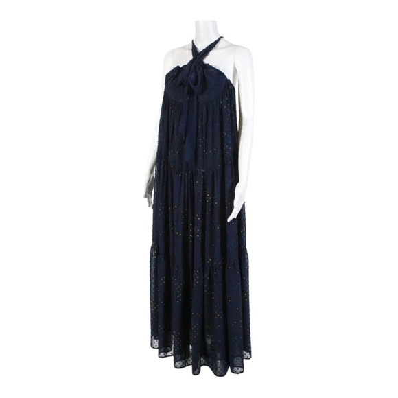 NWT LE SUPERBE Starry Night Navy Blue Metallic Chiffon Tie Back Maxi Gown Size 6 - Picture 10 of 14
